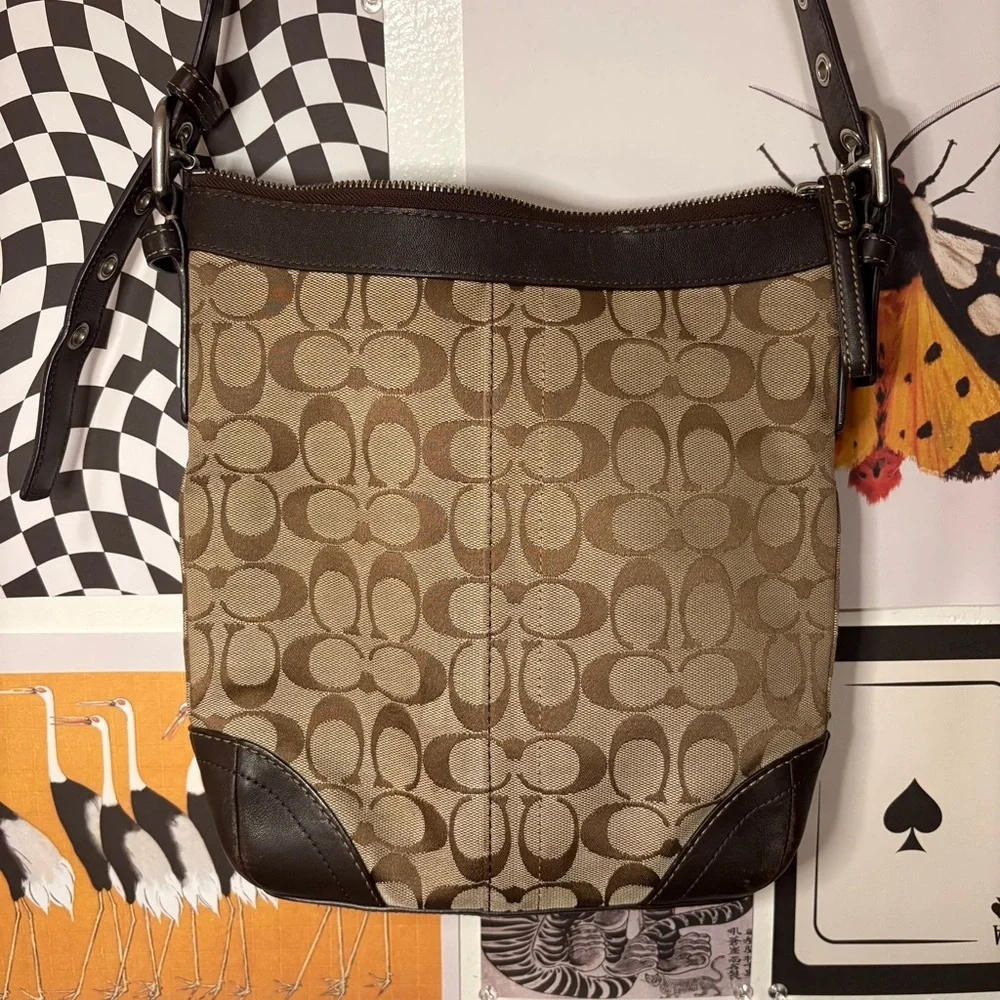 Coach Signature Jacquard Crossbody in Brown & Chocolate Leather